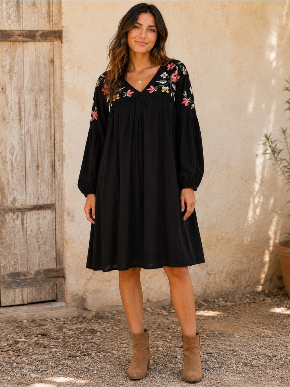 Old Navy XL Black Embroidered Floral Boho Shift Dress Long Sleeve Peasant